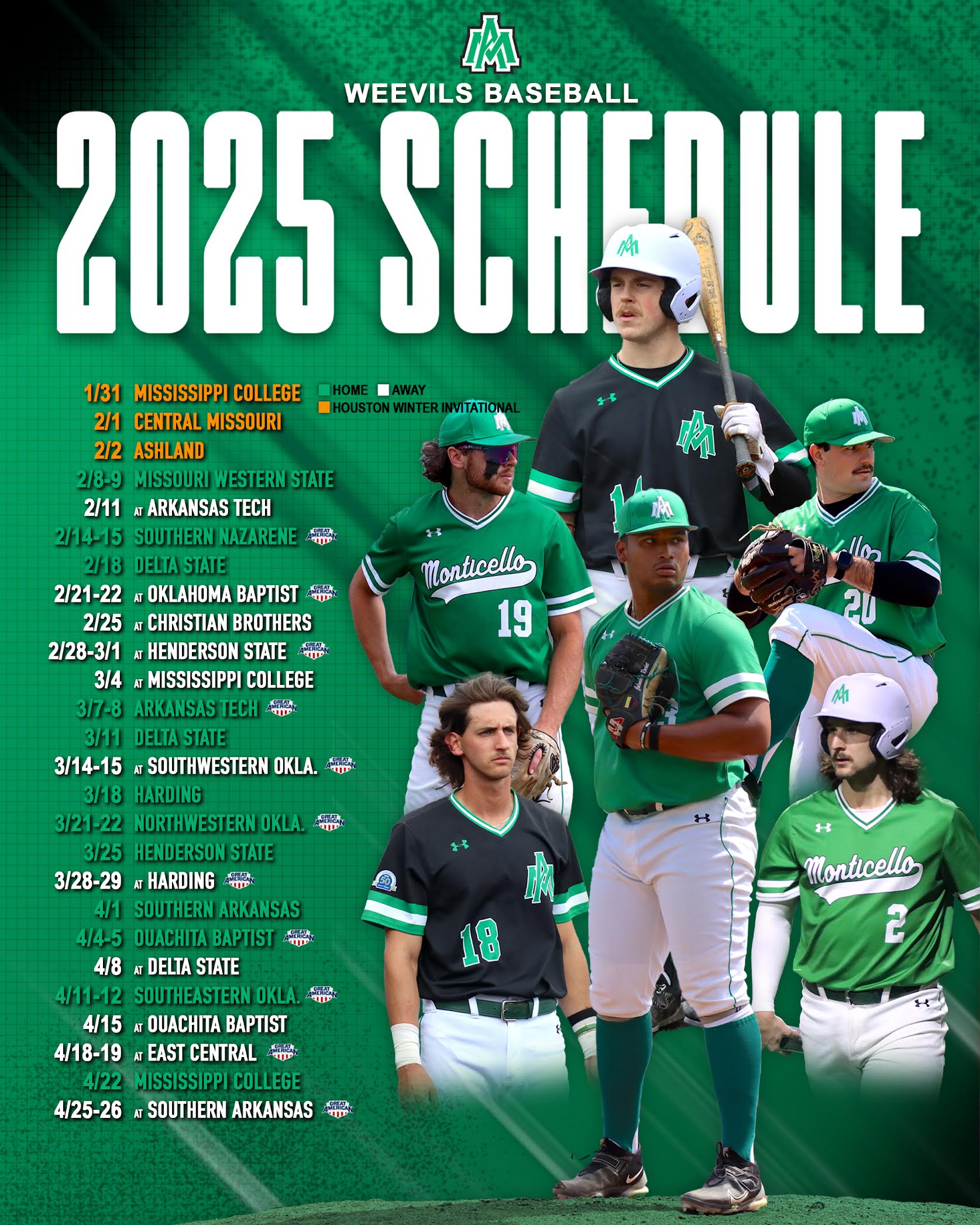 A baseball team is shown in green and white uniforms.