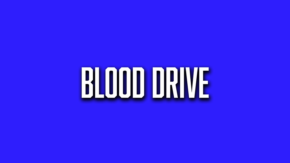 A blue background with the words blood drive in white letters.