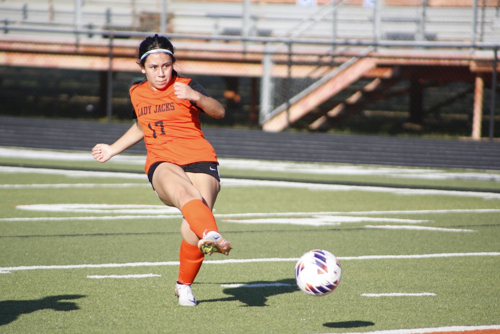 A girl kicking a soccer ball on the field.