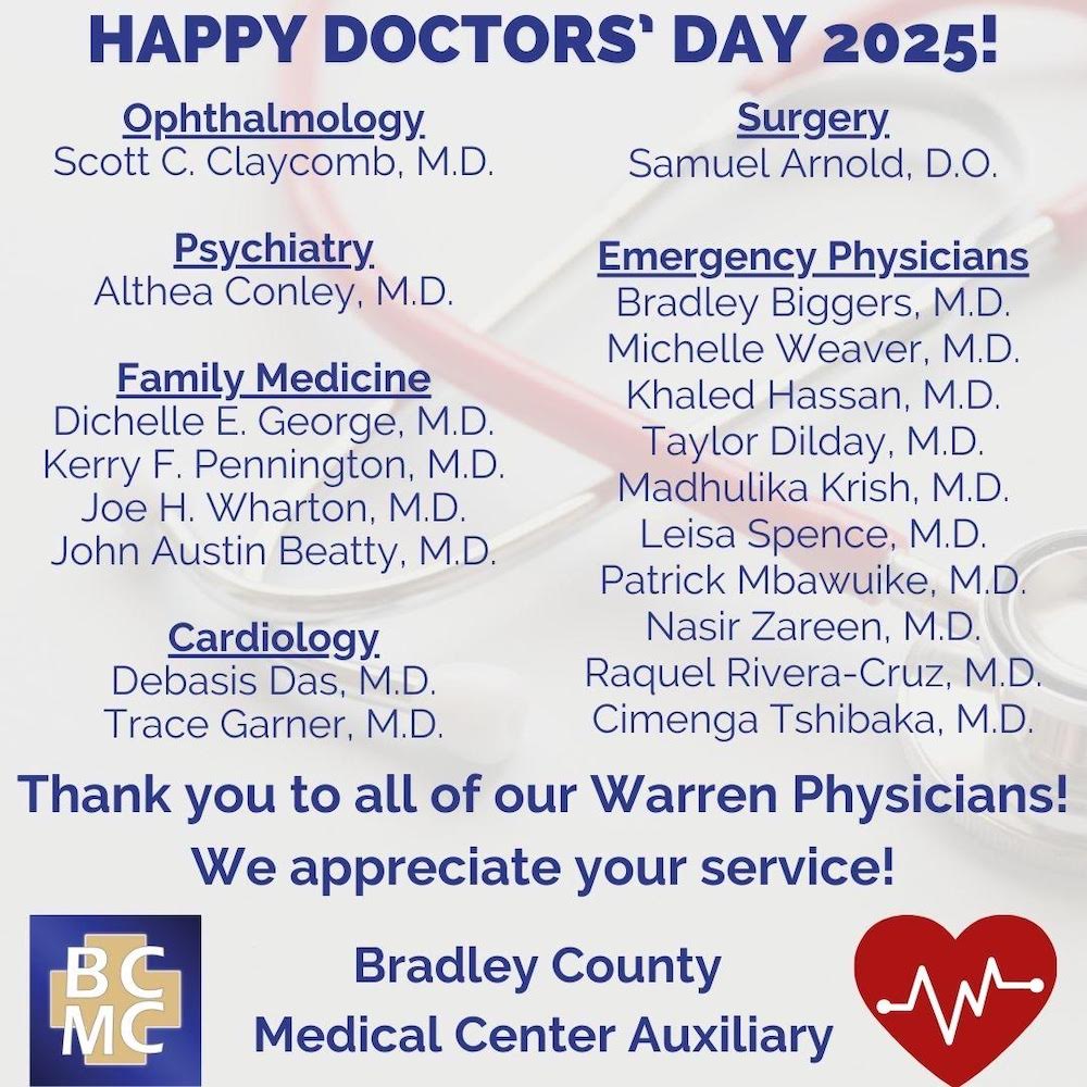 A poster with many doctors ' names and some of them are in the background.