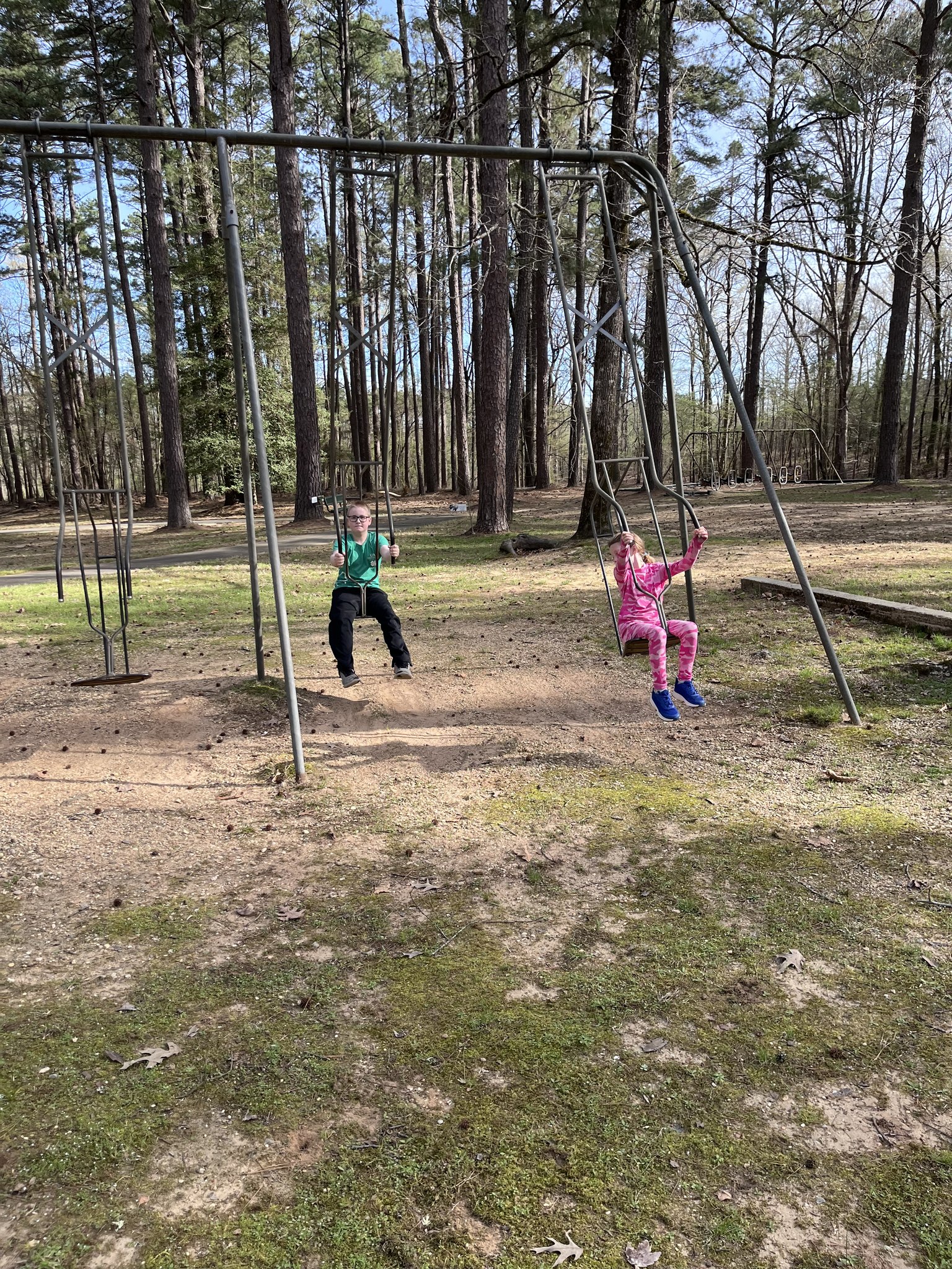 Two people swinging on a swing set in the woods.