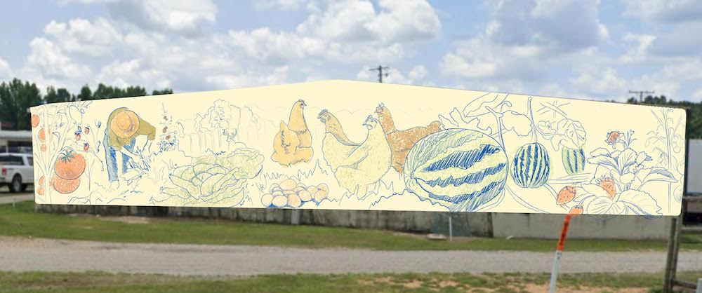 A mural of chickens and watermelons on the side of a building.