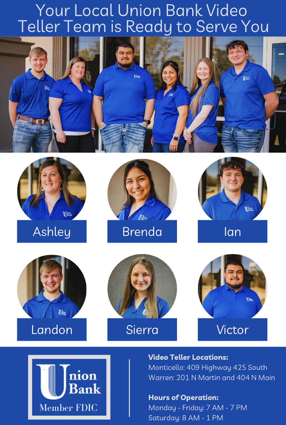 A group of people wearing blue shirts and jeans.