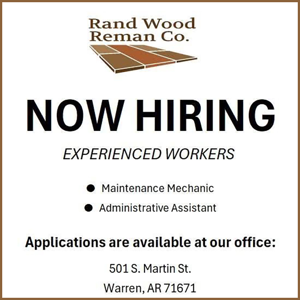 A now hiring ad for rand wood reman co.