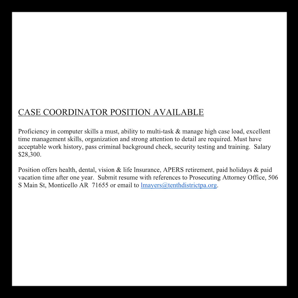 A page of an email with the subject line " case coordinator position available ".