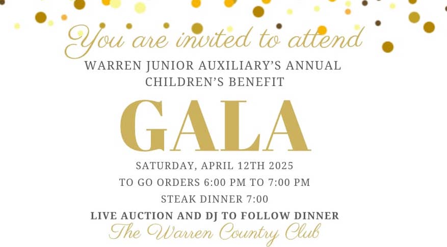 A flyer for the warren junior auxiliary 's annual children 's benefit gala.