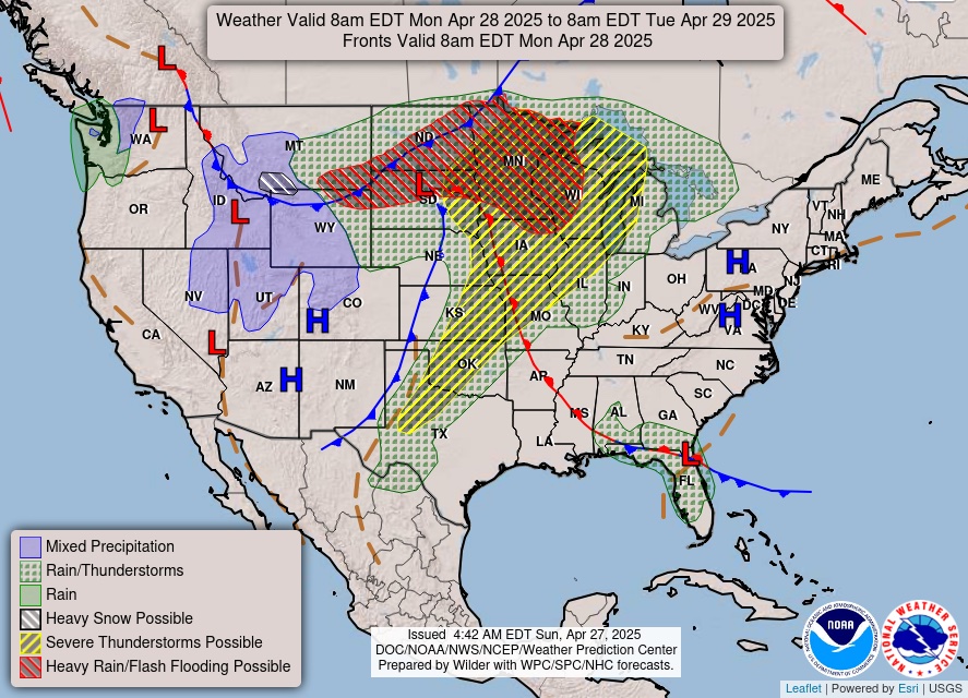 A map of the united states showing weather fronts.