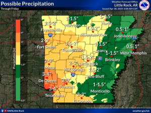 A map of the state shows where rain is possible.