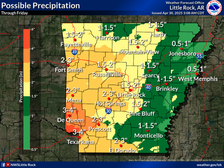 A map of the state shows where rain is possible.