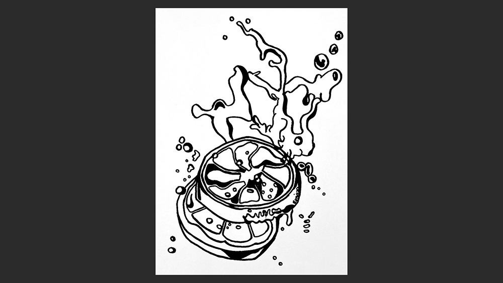 A black and white drawing of an apple