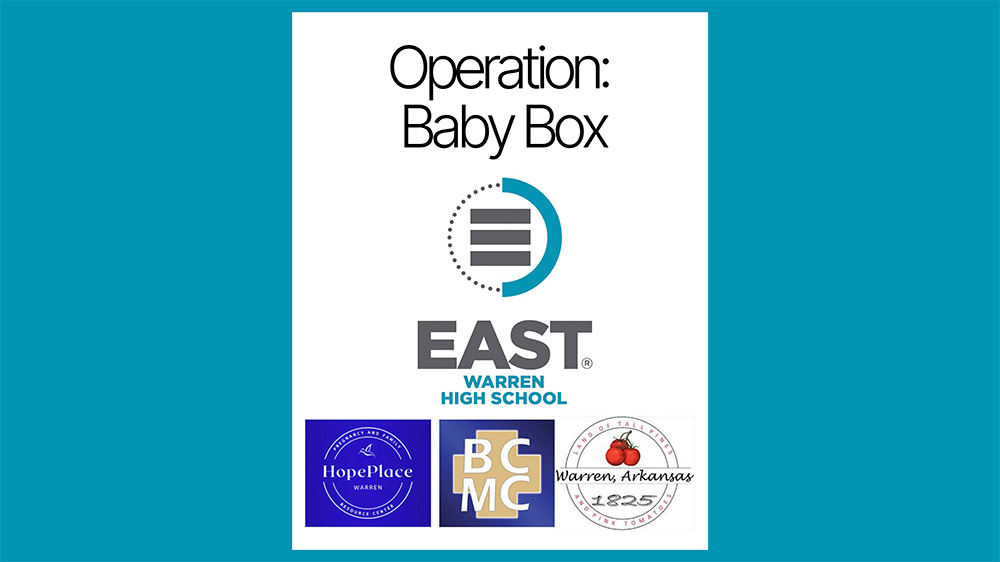 A blue banner with the words operation baby box and some logos.