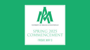 A green and white square with the university of arkansas at monticello logo.