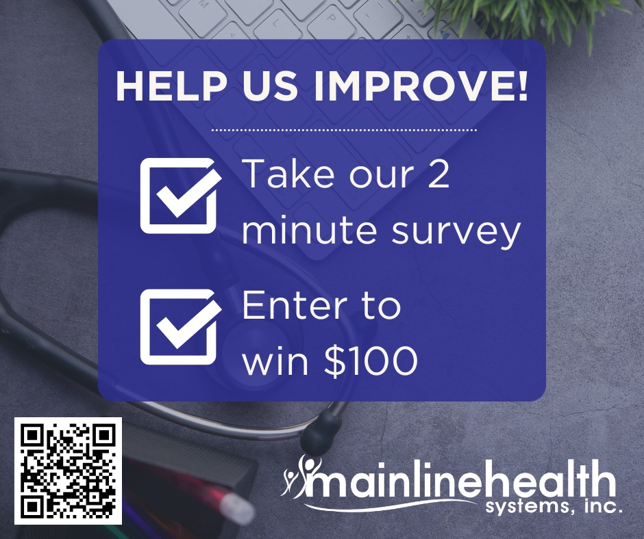 A blue sign with instructions for taking the 2 minute survey.