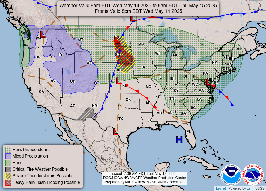 A map of the united states with weather alerts for may 1 4, 2 0 2 0 to be extended through may 1 5, 2 0