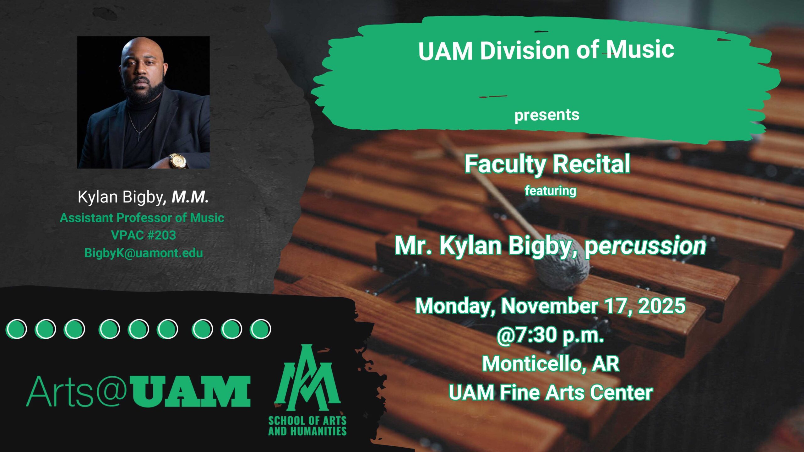 UAM Music To Host Faculty Recital Featuring Percussionist Kylan Bigby